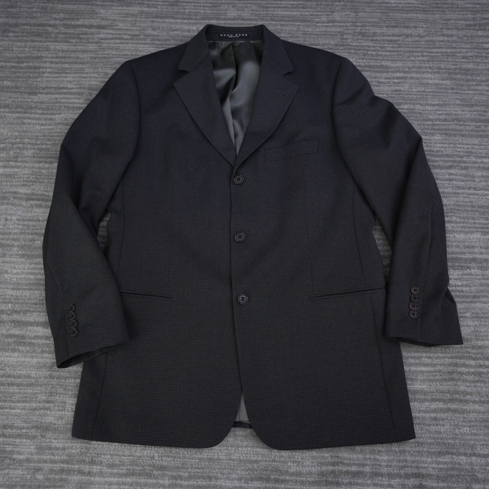 Hugo Boss Blazer Men Black Solid Made In USA 100% Virgen Wool 3 Button‎ 40R